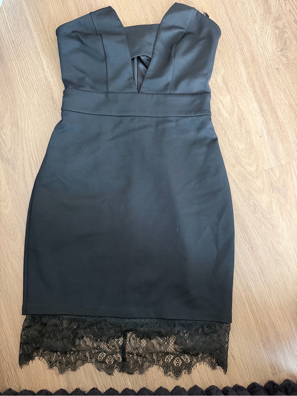 bebe Black Strapless Mini Dress with Lace Hem